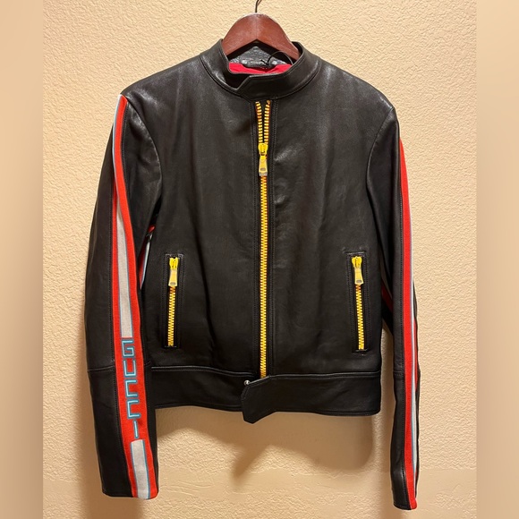 New Gucci Logo Leather Bomber Jacket Size 48 / US L - Picture 2 of 16